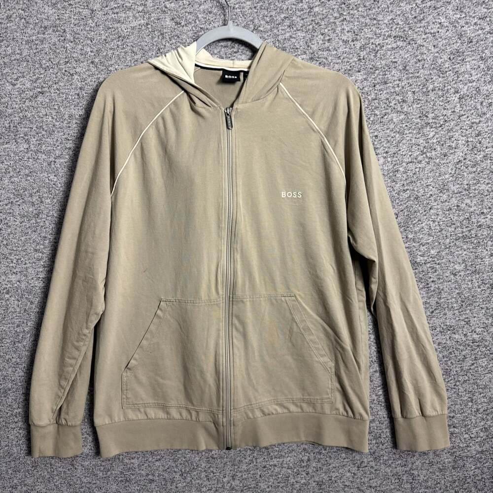 Boss Hugo Boss Men's Large Beige Cotton Full Zip Hooded Homewear Jacket